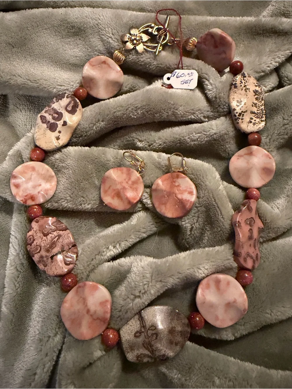 Handmade Pink Multi-Agate & Jasper Marbled Stone Necklace & Earrings Set